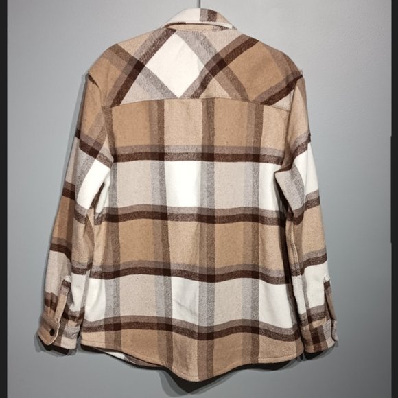 Pull & Bear Beige & White Cotton & Wool Plaid Button Overshirt Jacket (Men's L) - Picture 2 of 6